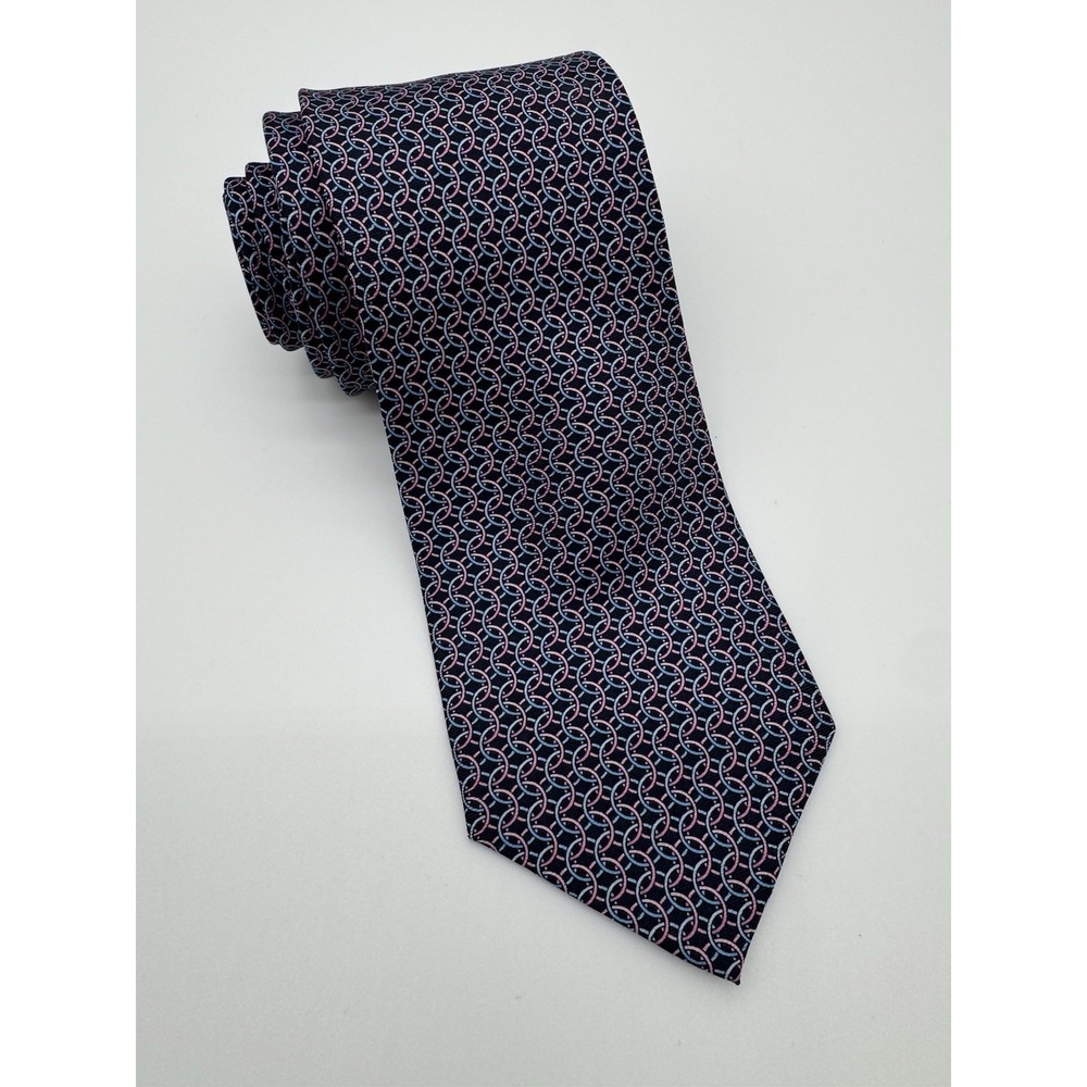 Bloomingdale's Men's Store Silk Tie‎ Navy Pink Blue Geometric Chain Pattern